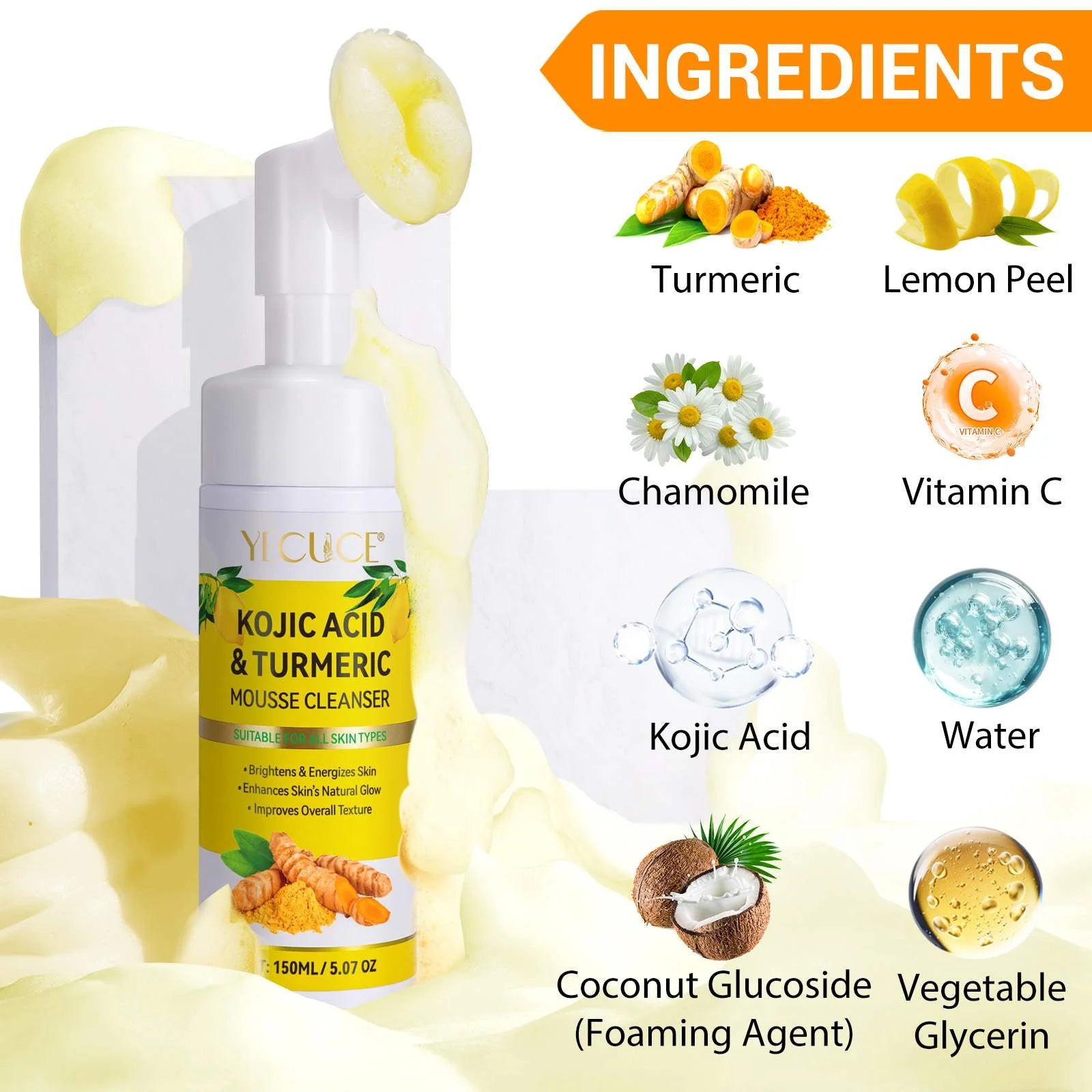 Turmeric Kojic Acid Facial Cleanser Washes, Deep Cleansing of Facial Skin for All Skin Types，2Pack